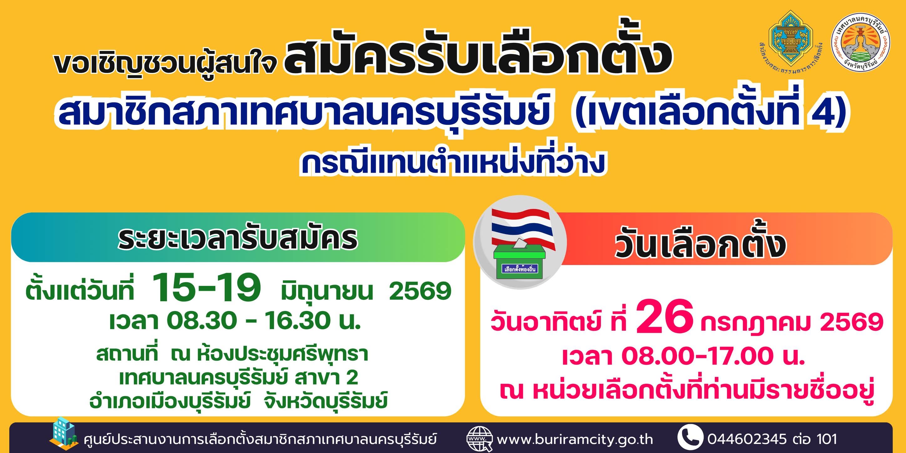 ขอเชิญชวนผู้สนใจ  สมัครรับเลือกตั้ง สมาชิกสภาเทศบาลนครบุรีรัมย์  (เขตเลือกตั้งที่ 4)  กรณีแทนตำแหน่งที่ว่าง