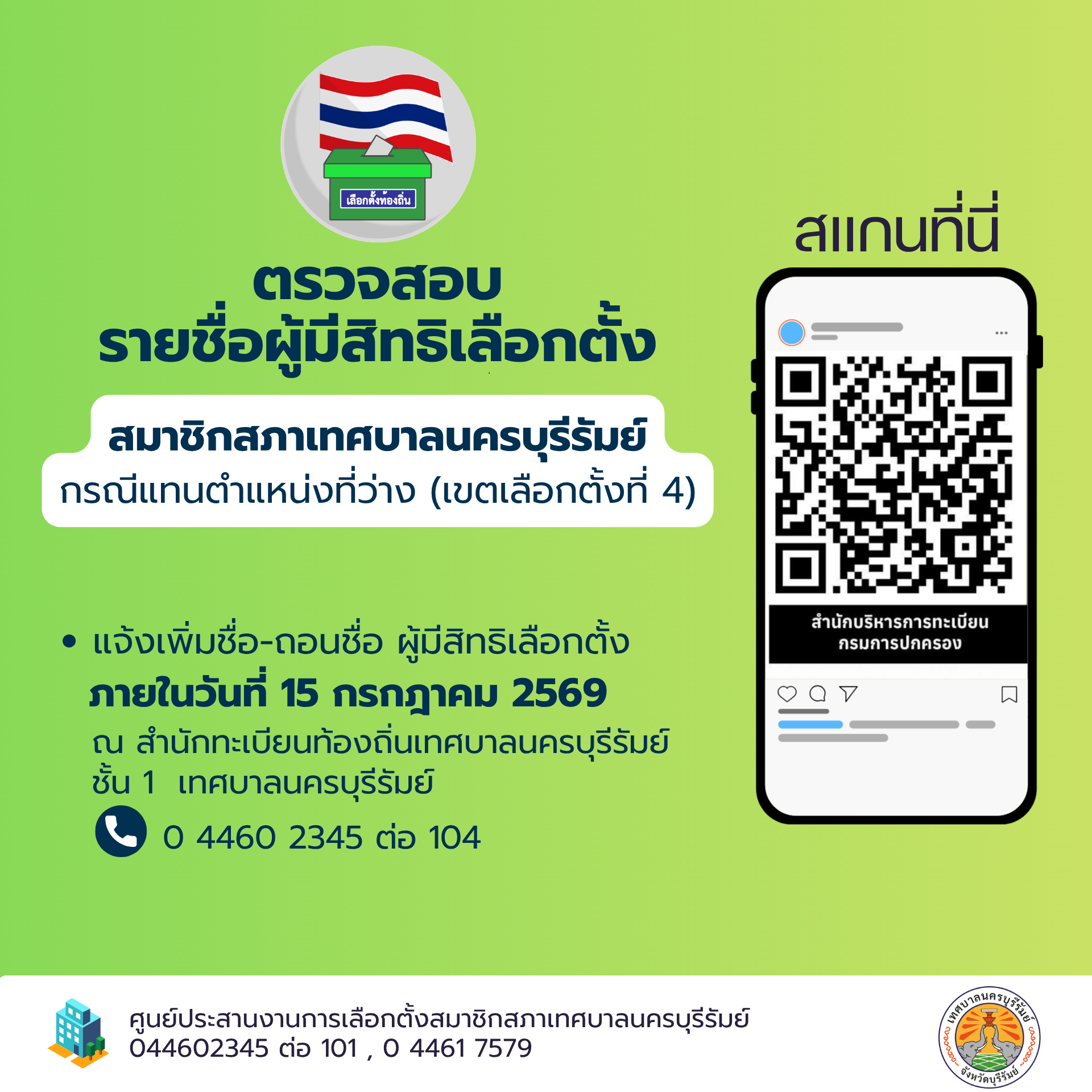 ตรวจสอบราชื่อผู้มีสิทธิเลือกตั้ง สมาชิกสภาเทศบาลนครบุรีรัมย์ กรณีแทนตำแหน่งที่ว่าง (เขตเลือกตั้งที่ 4)
